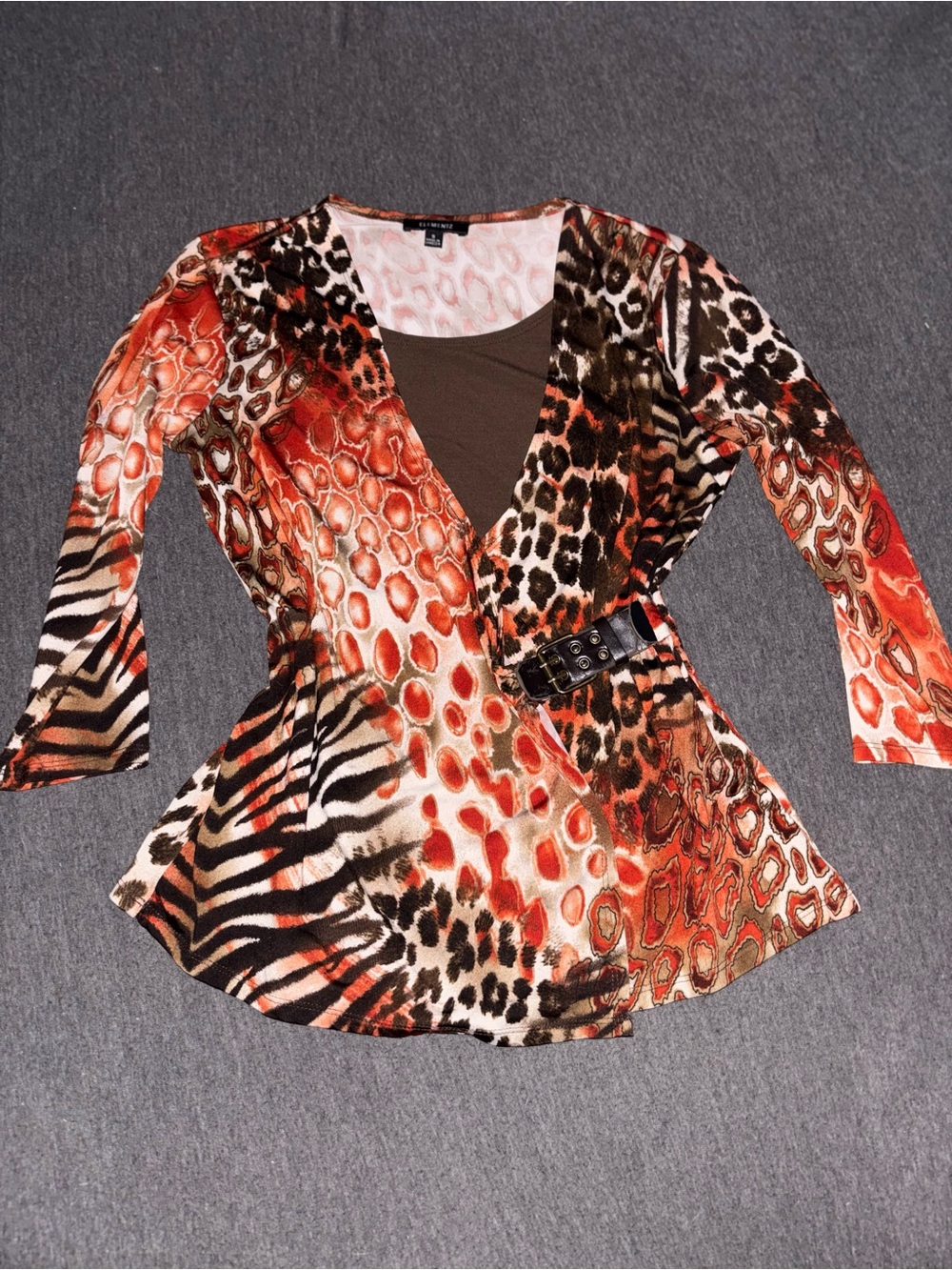 Elementz Orange and Brown Animal Print Surplice Tunic with Belt Detail